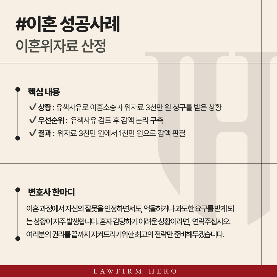 처음 산정된 위자료 금액에서 2천만원을 감액할 수 있었던 사례 소개