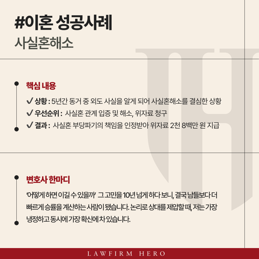 사실혼해소 과정에서 외도 입증으로 2,800만 원 위자료 받아낸 사례