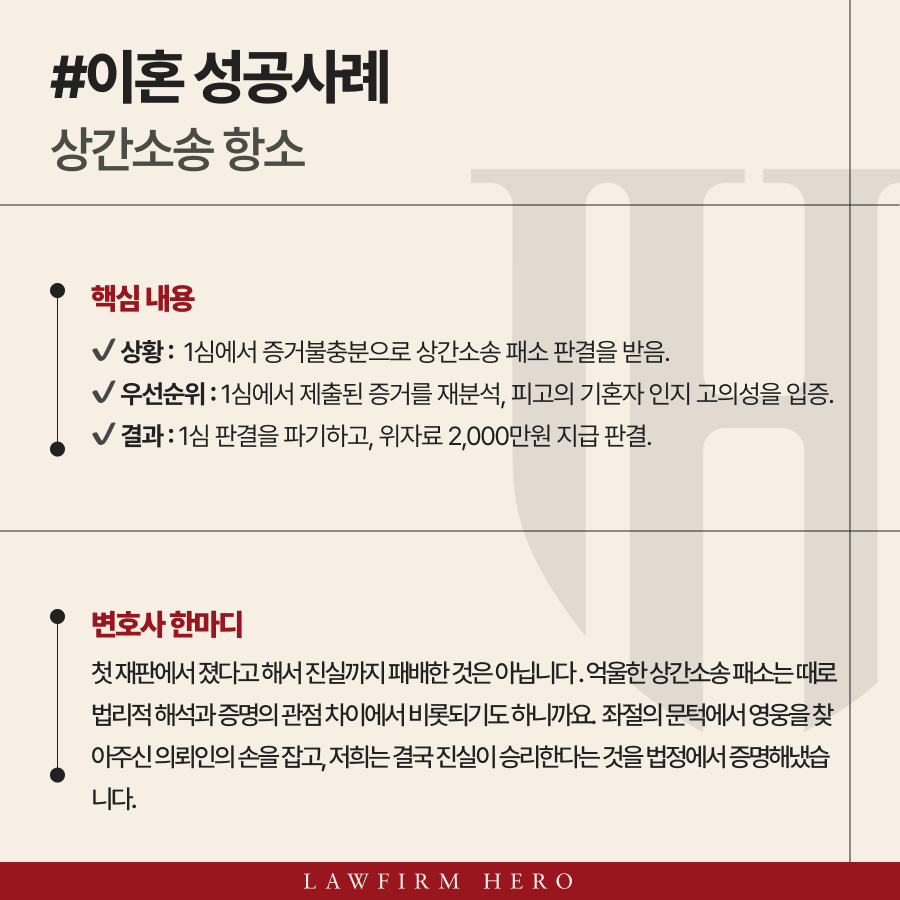 상간소송 항소심을 통해 1심의 상간소송 패소 결과를 뒤집고, 배우자의 부정행위에 대한 위자료를 인정받은 사례