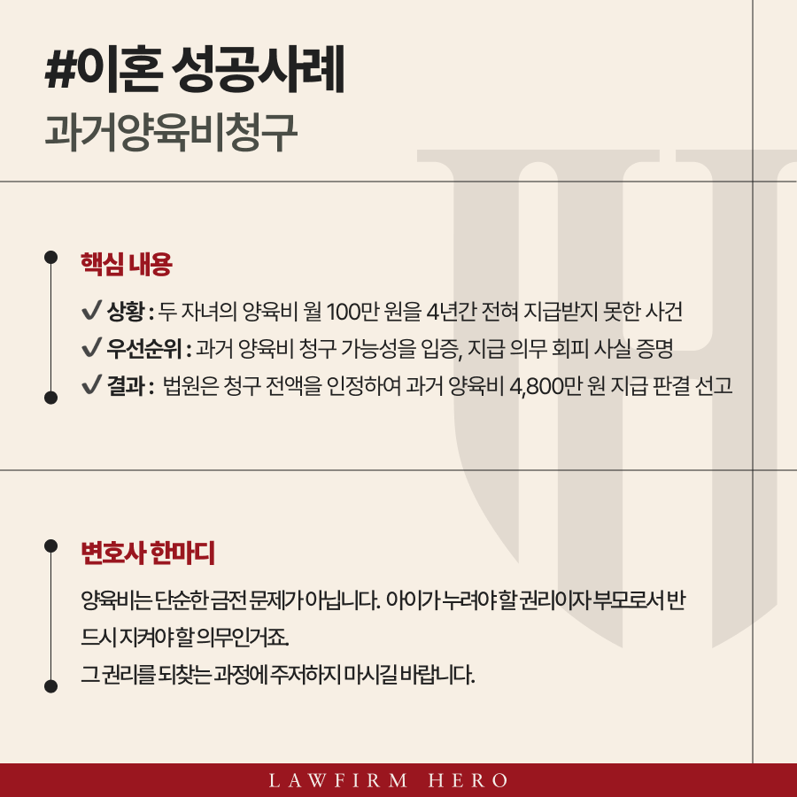 과거양육비청구, 4년간 미지급된 4,800만 원 전액 인정 사례