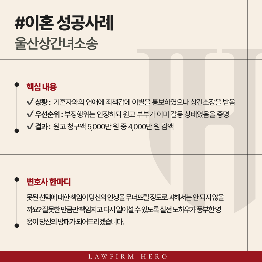 울산상간녀소송, "결별 통보 후 보복성 소장" 80% 감액 방어 성공