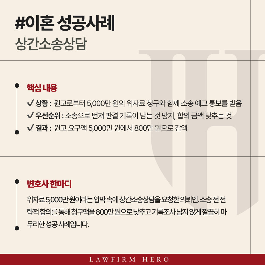 상간소송상담, 5,000만 원 위자료 청구를 800만 원 합의로 종결한 비결